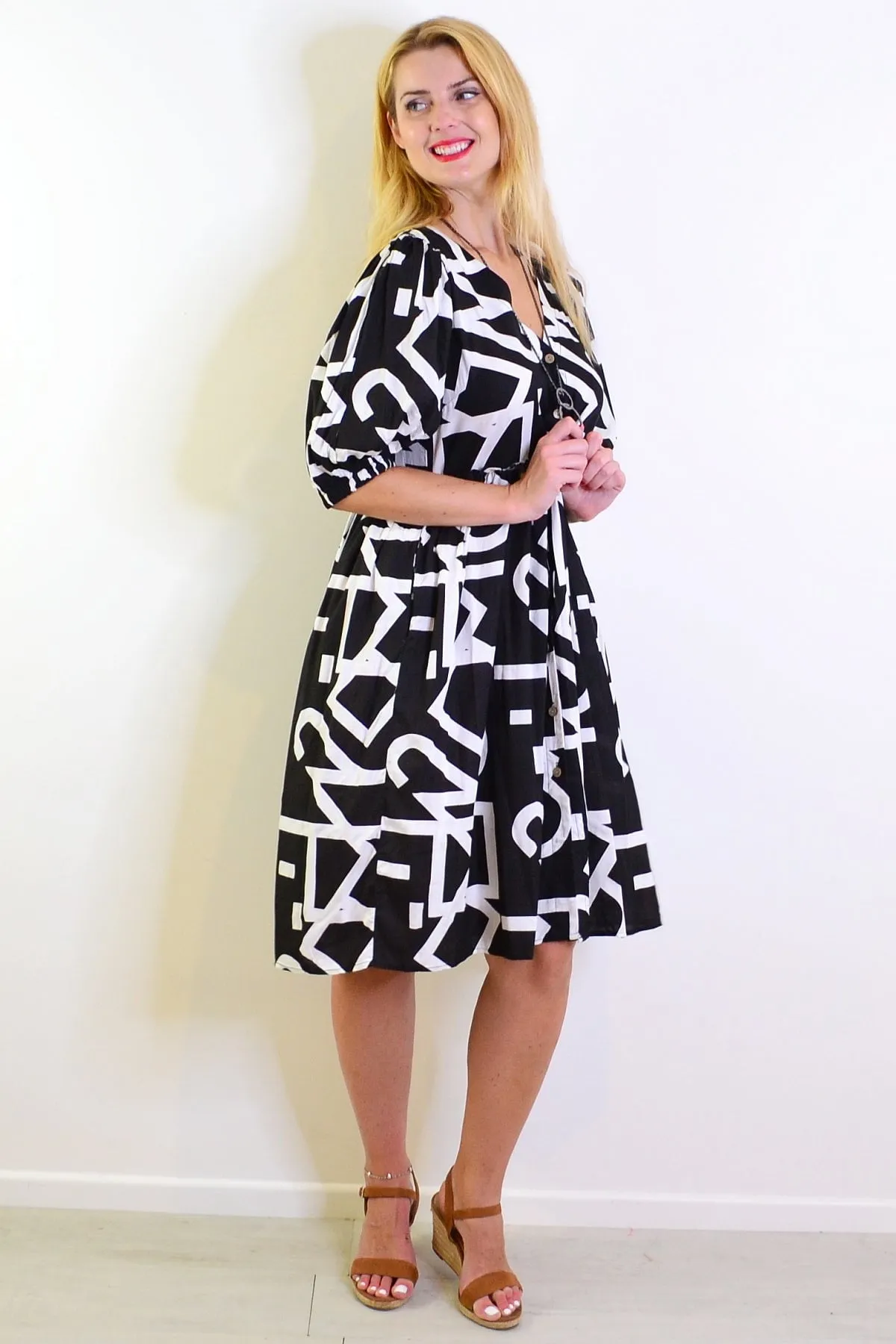 Black White Front Button Up Tunic Dress