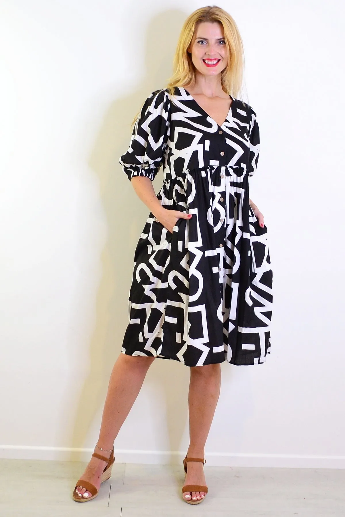 Black White Front Button Up Tunic Dress