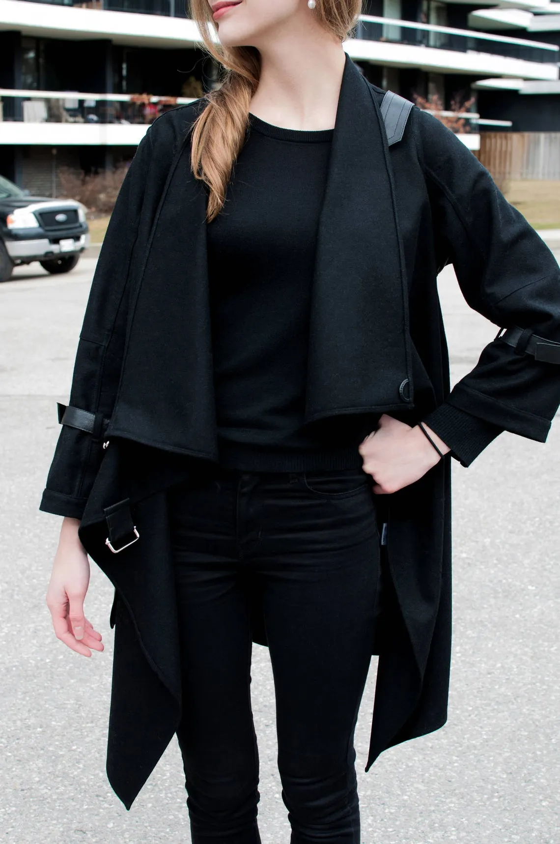 Black Wool Coat With Wraparound Collar and Leather Details