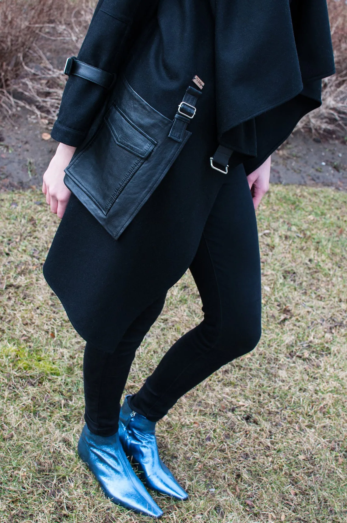 Black Wool Coat With Wraparound Collar and Leather Details