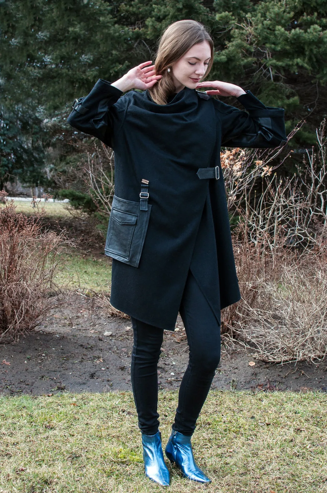 Black Wool Coat With Wraparound Collar and Leather Details