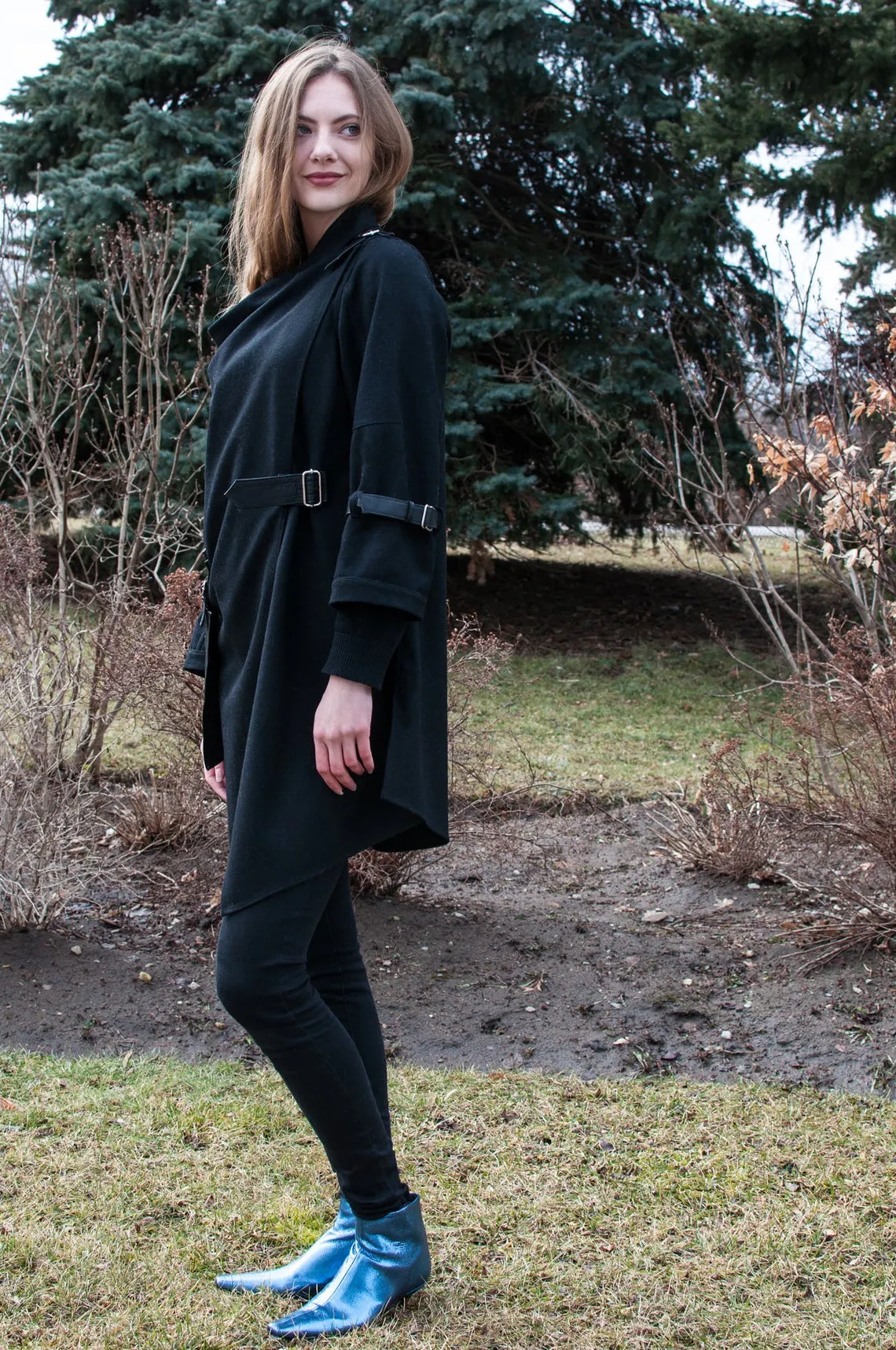 Black Wool Coat With Wraparound Collar and Leather Details