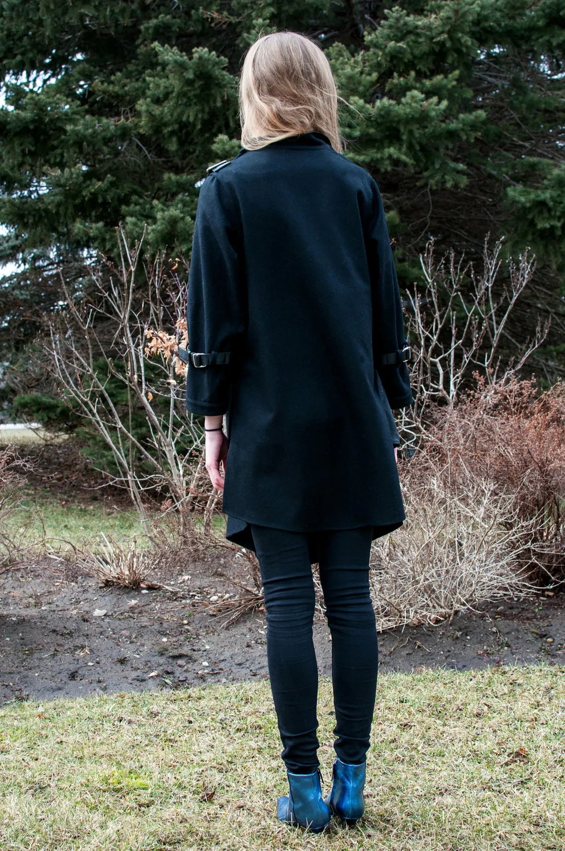 Black Wool Coat With Wraparound Collar and Leather Details