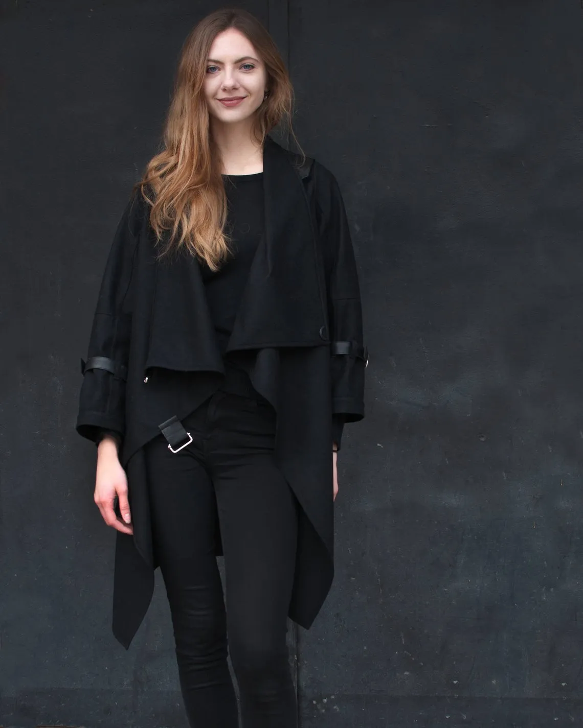 Black Wool Coat With Wraparound Collar and Leather Details