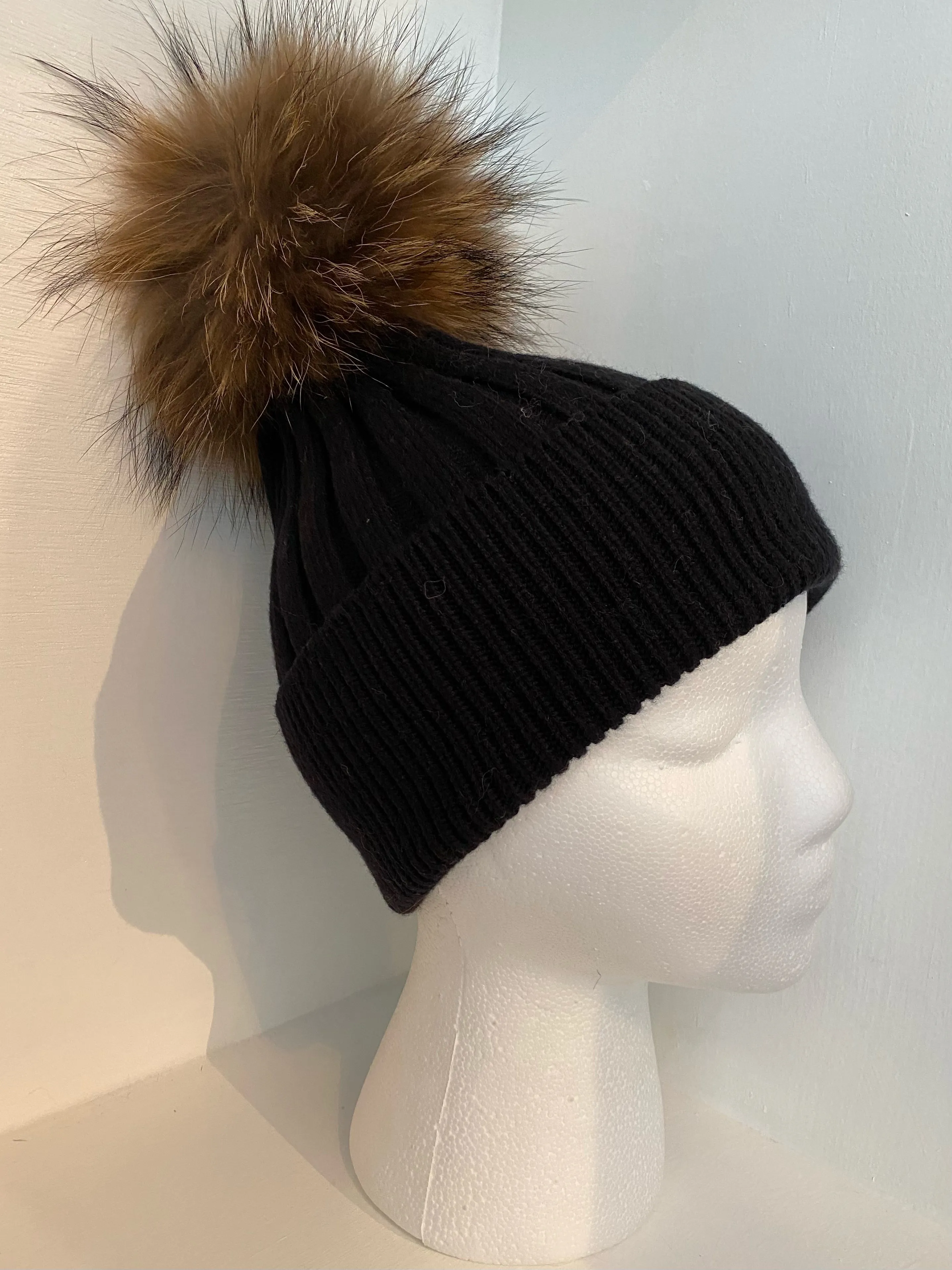 Black Wool Knit Hat with Pompom