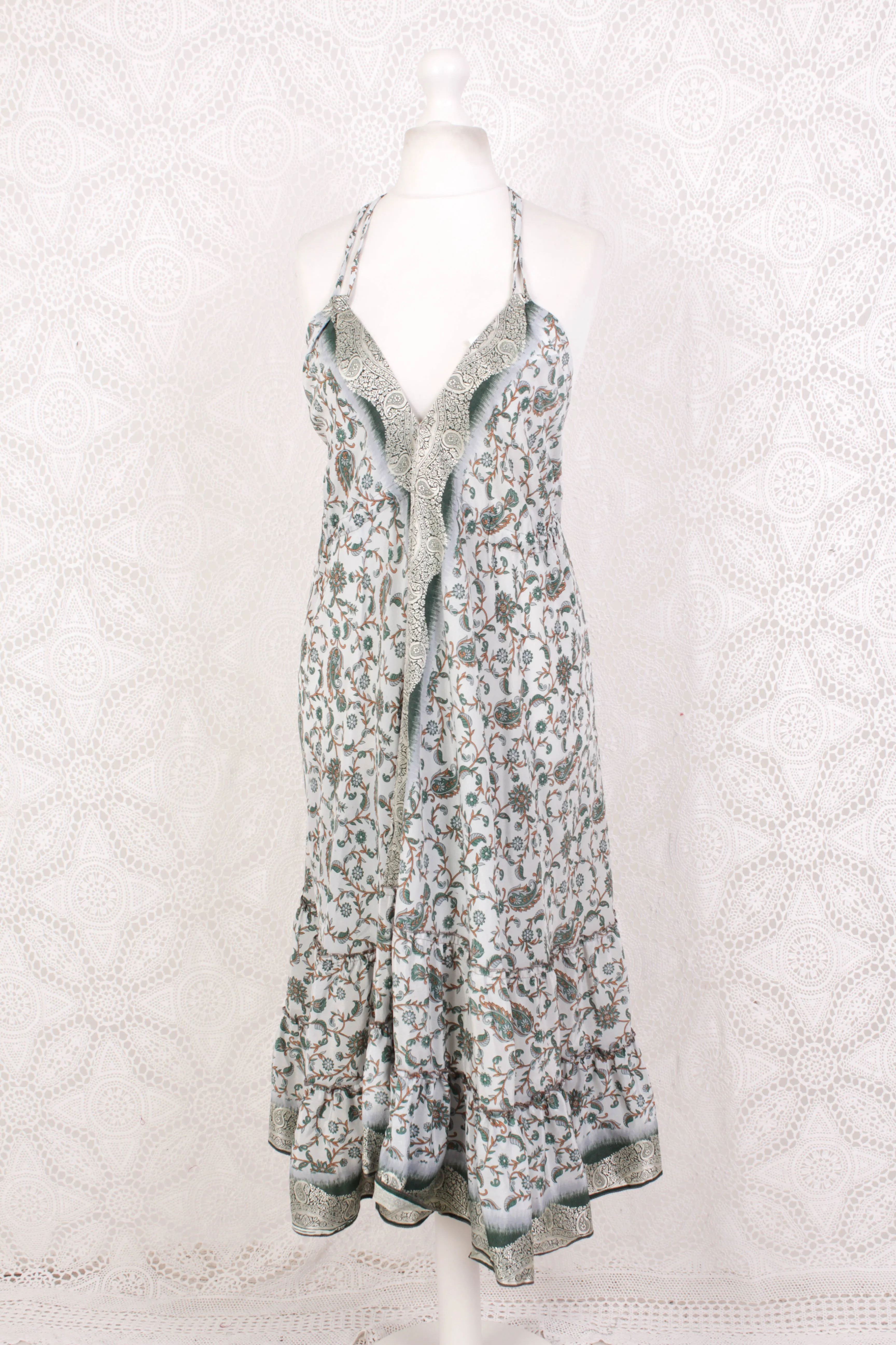 Blossom Mini Halter Dress - Vintage Indian Sari - Crisp Frost, Pine & White Gold Paisley Embroidery - S/M