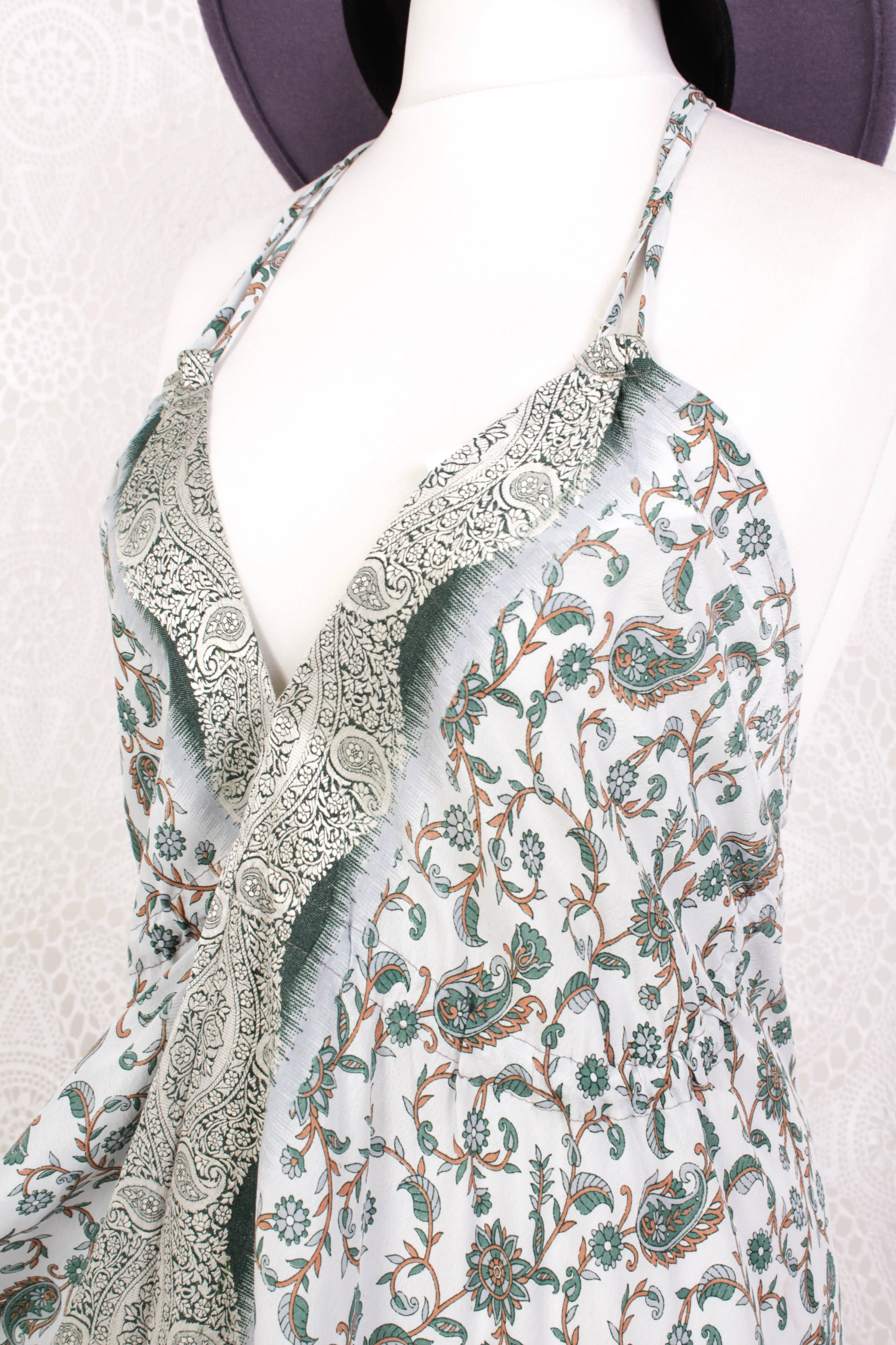 Blossom Mini Halter Dress - Vintage Indian Sari - Crisp Frost, Pine & White Gold Paisley Embroidery - S/M