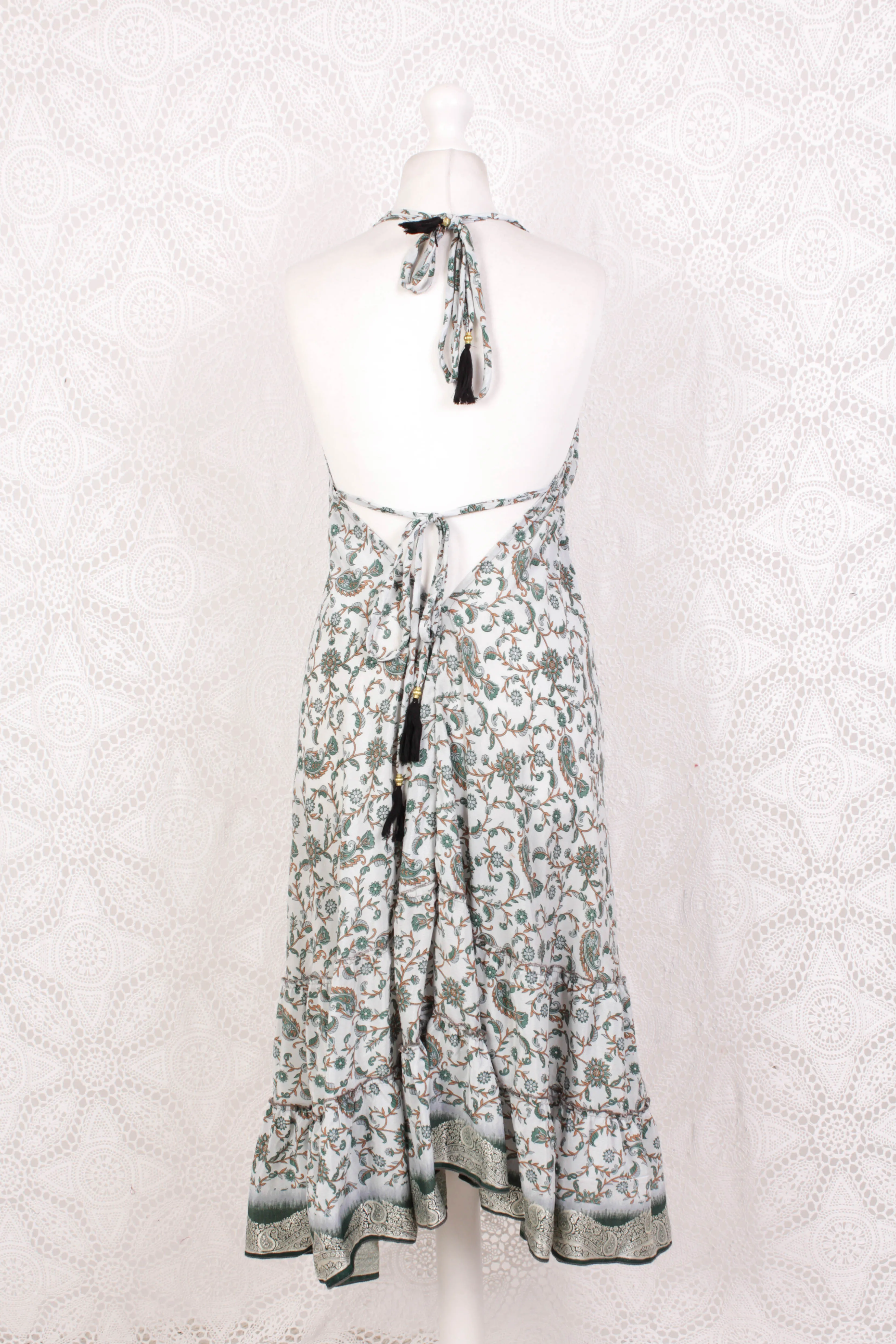 Blossom Mini Halter Dress - Vintage Indian Sari - Crisp Frost, Pine & White Gold Paisley Embroidery - S/M