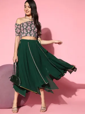 Bottle Green Embroidered Top with Solid Layered Skirt