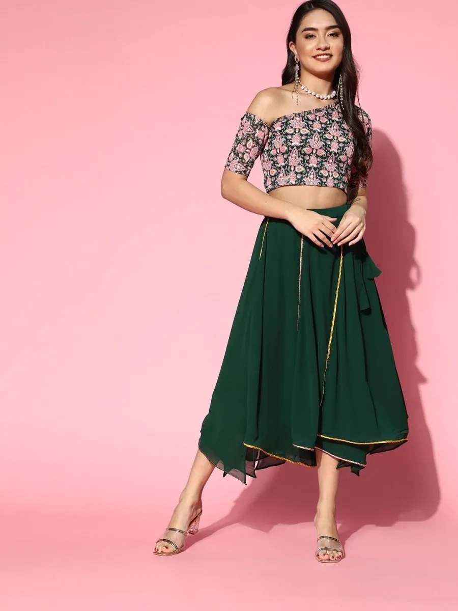 Bottle Green Embroidered Top with Solid Layered Skirt