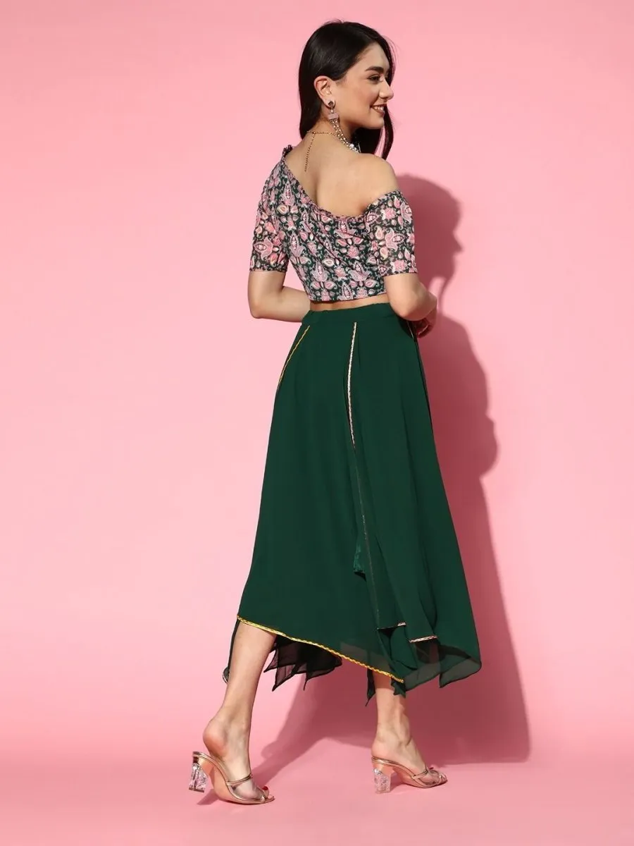 Bottle Green Embroidered Top with Solid Layered Skirt