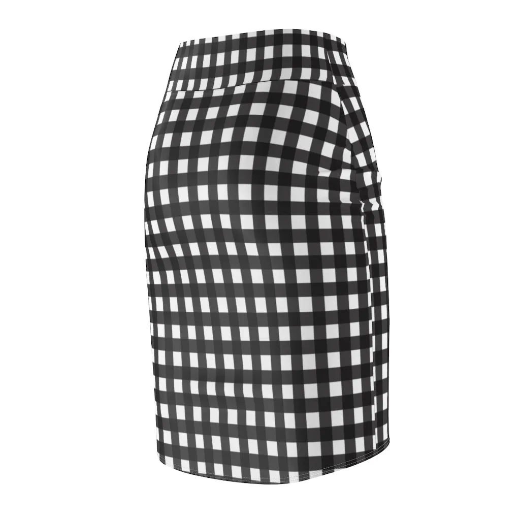 Buffalo Plaid Women's Pencil Skirt, Black White Plaid Print Designer Skirt For Ladies-Made in USA