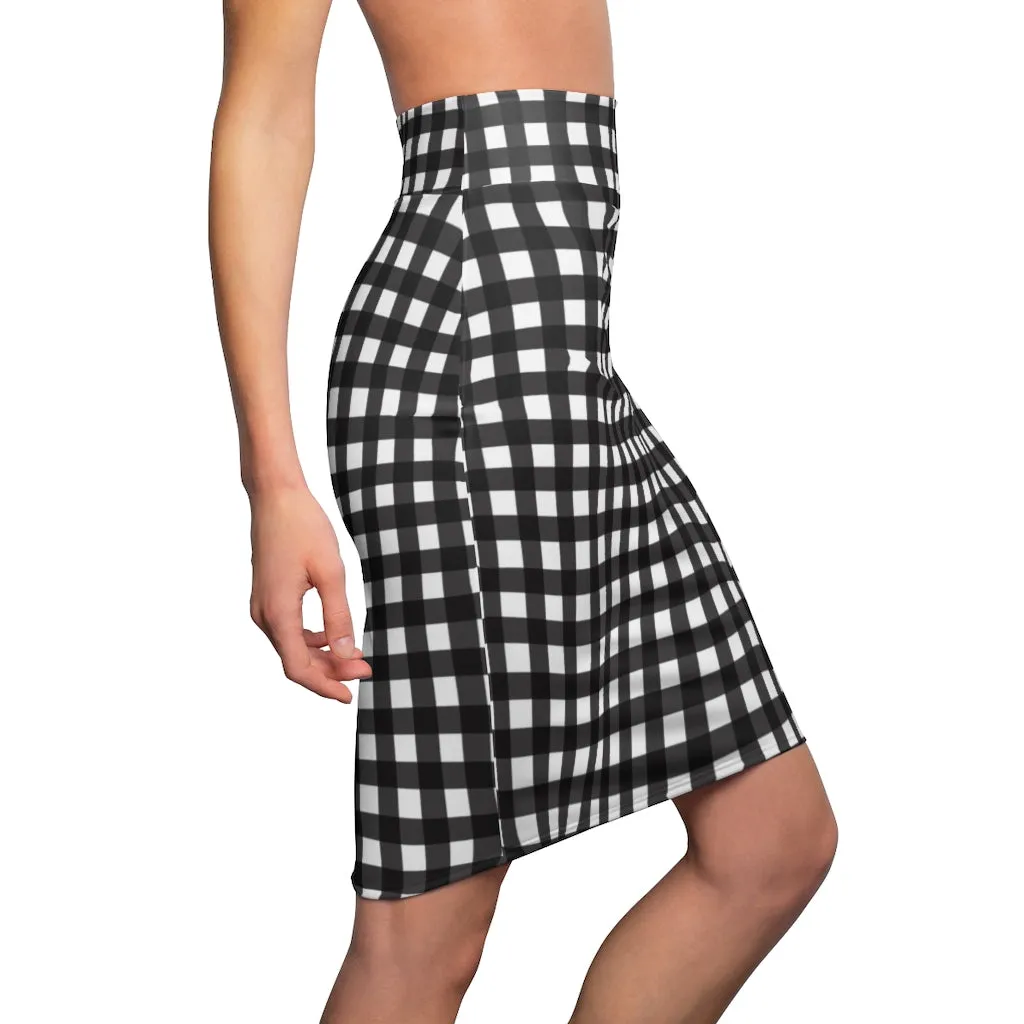 Buffalo Plaid Women's Pencil Skirt, Black White Plaid Print Designer Skirt For Ladies-Made in USA