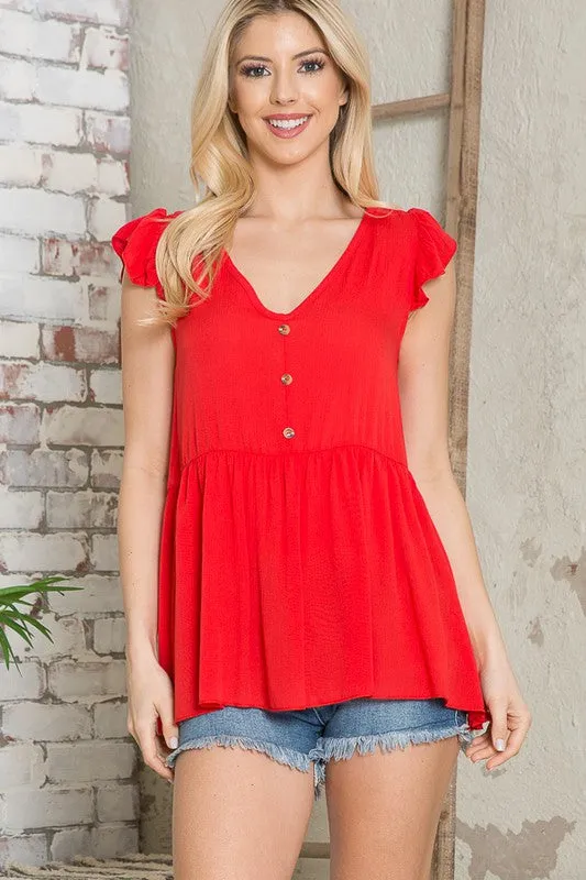 Button Trim Ruffle Sleeve Woven Babydoll Blouse