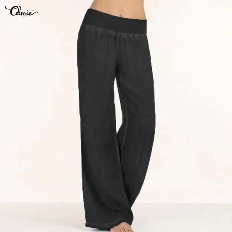 Casual Elastic Waist Denim Wide Leg Pants