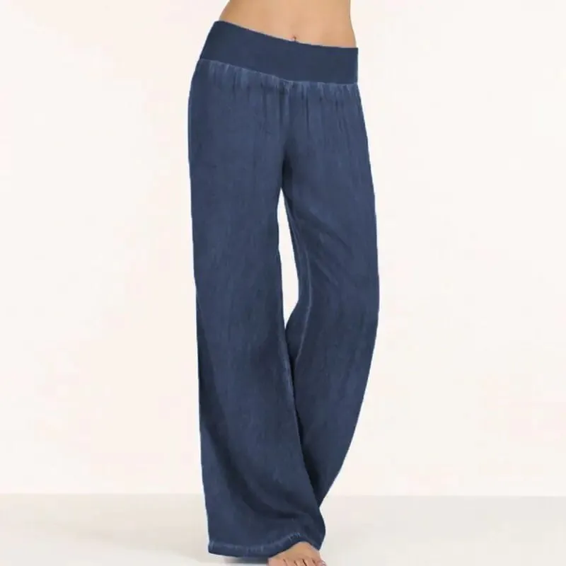 Casual Elastic Waist Denim Wide Leg Pants