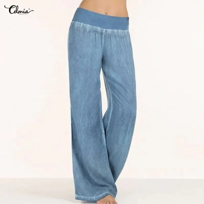 Casual Elastic Waist Denim Wide Leg Pants