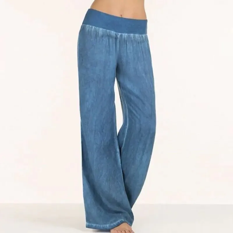 Casual Elastic Waist Denim Wide Leg Pants