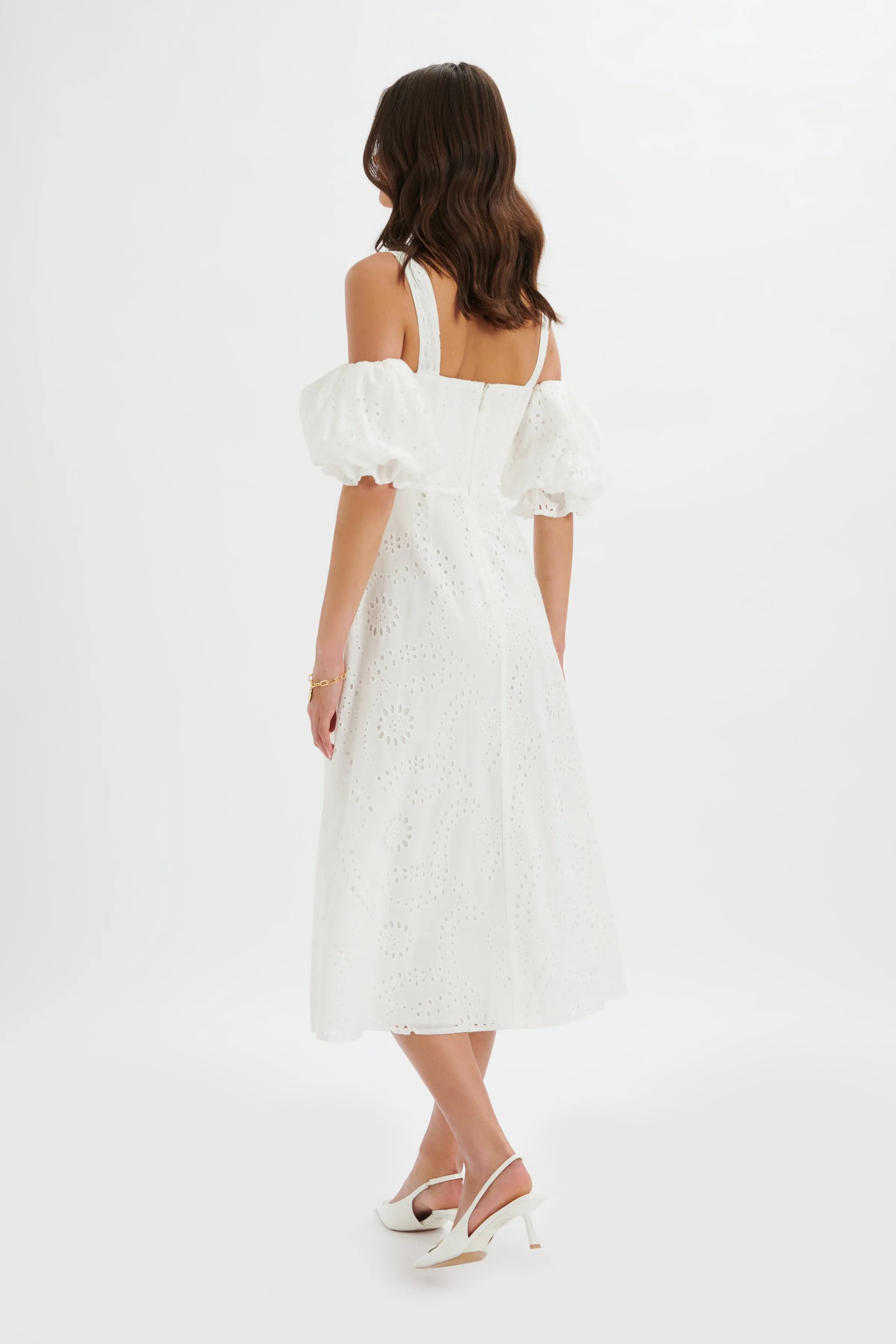 CHARLI Off Shoulder Broderie Dress in White