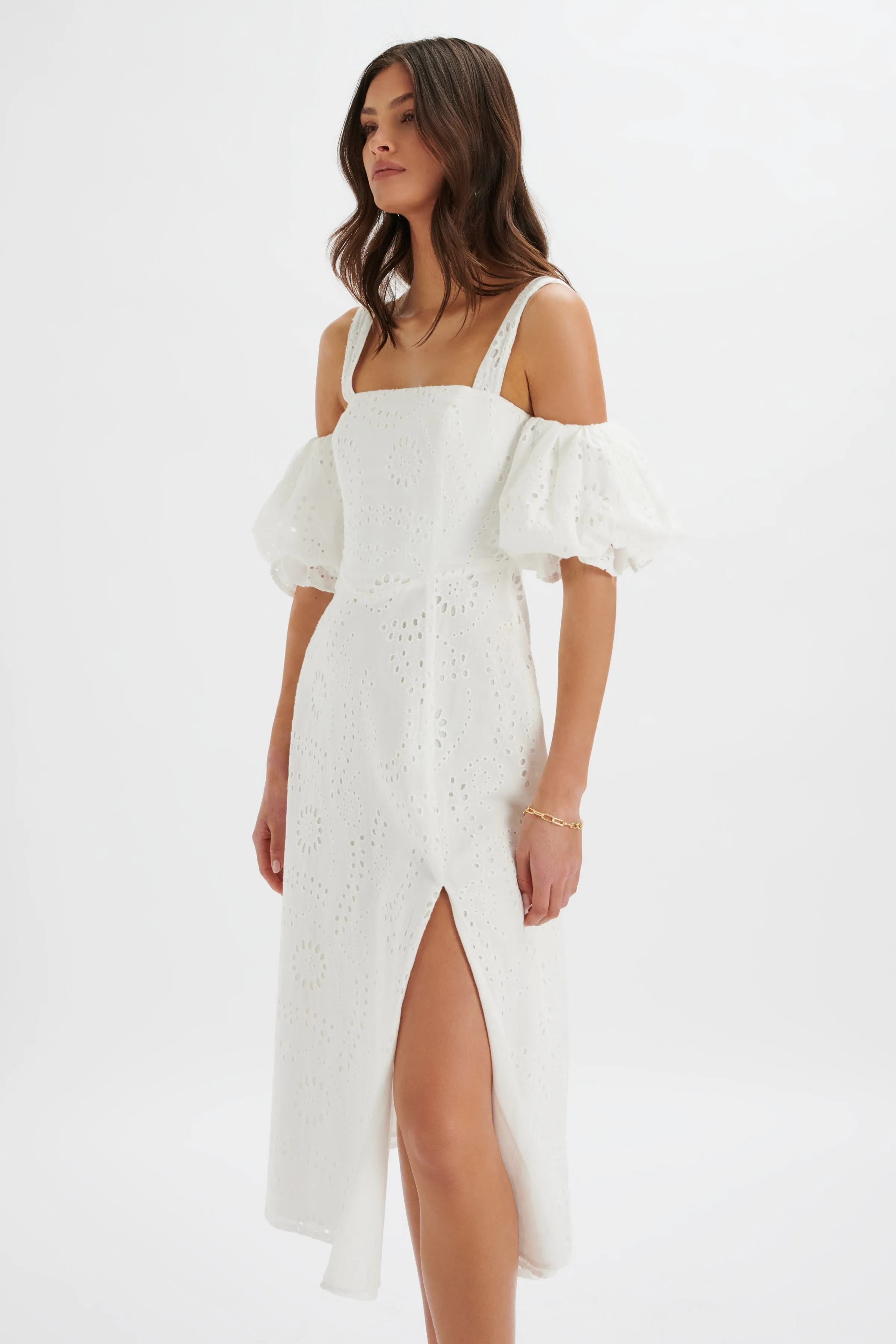 CHARLI Off Shoulder Broderie Dress in White