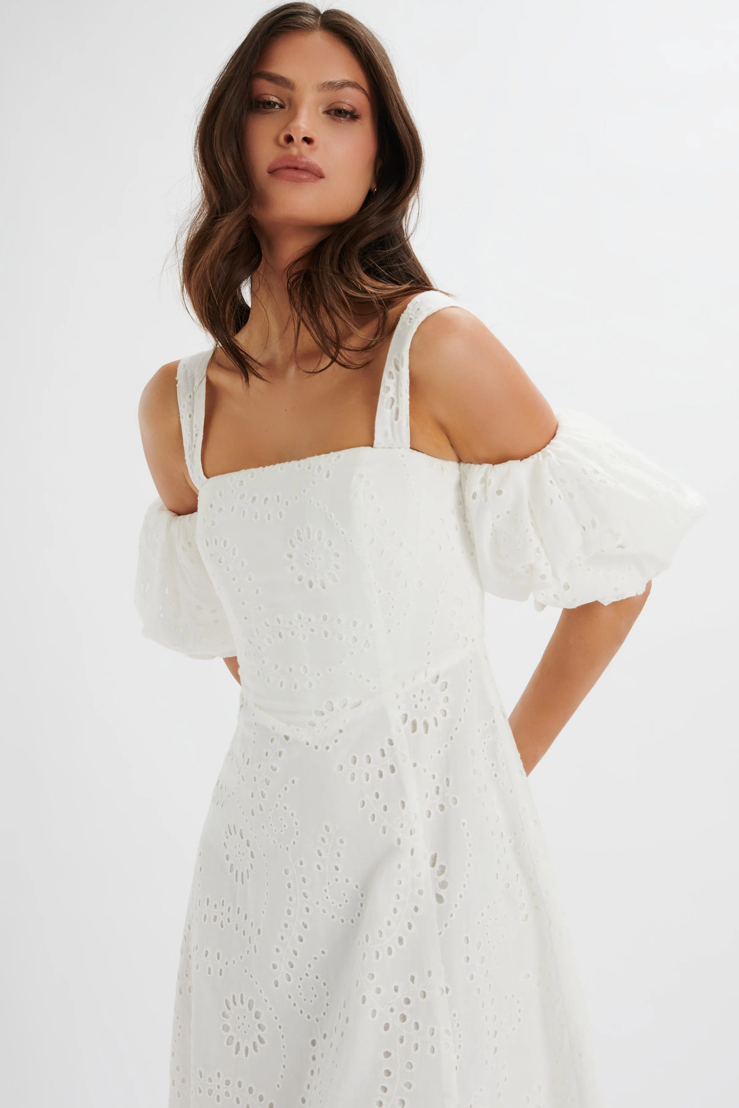 CHARLI Off Shoulder Broderie Dress in White