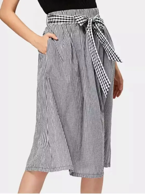 Chic Belted Checked Midi A Line Skirt