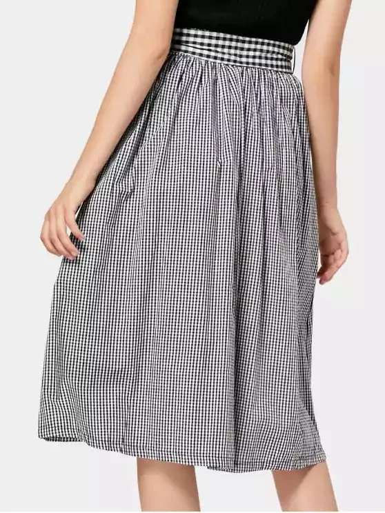 Chic Belted Checked Midi A Line Skirt