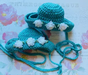 Couture Knit Hat- Aqua Bonnet with Flowers- Ribbon