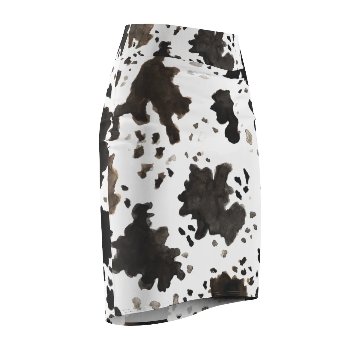 Cow Print Pencil Skirt, White Brown Black Designer Women's Pencil Skirt-Made in USA(Size XS-2XL)