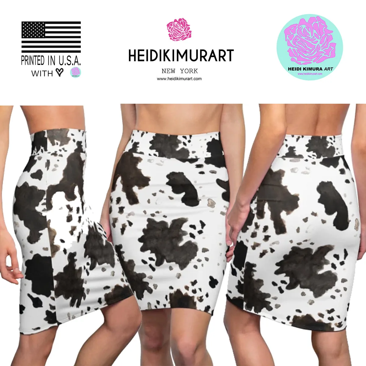 Cow Print Pencil Skirt, White Brown Black Designer Women's Pencil Skirt-Made in USA(Size XS-2XL)