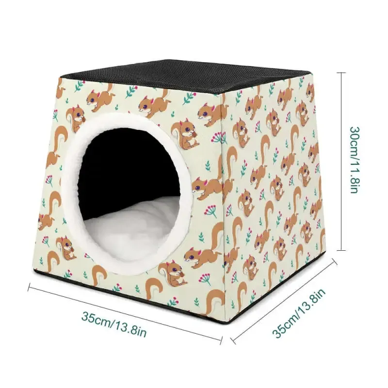 Cozy Squirrel Pattern Cat House with Circular Entrance