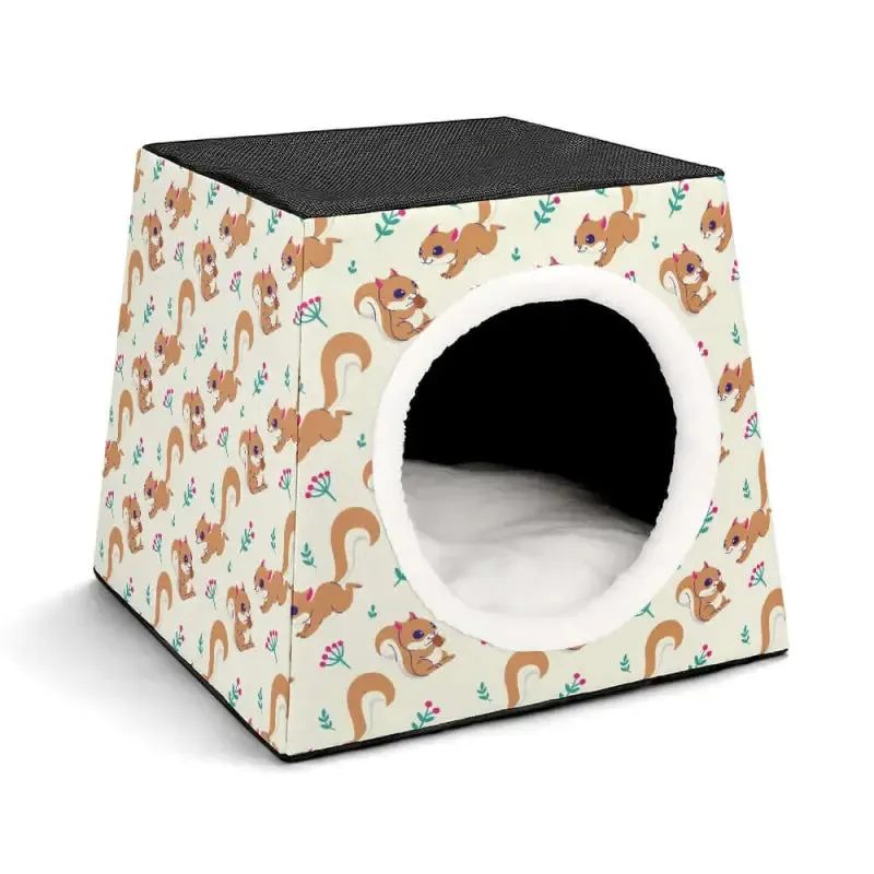 Cozy Squirrel Pattern Cat House with Circular Entrance