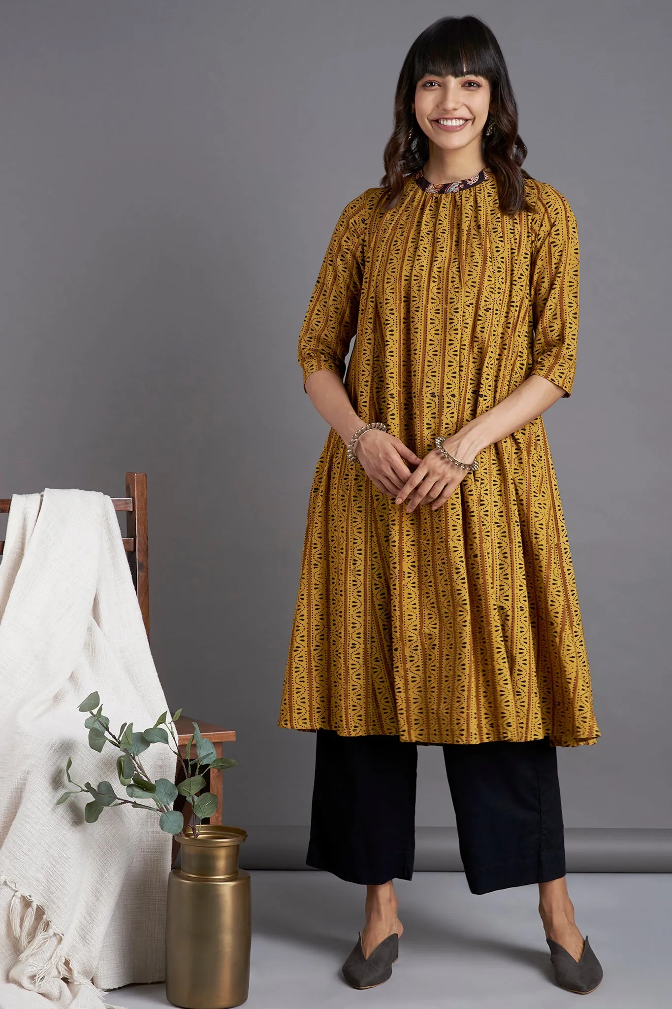 crew neck gather dress - ochre moss & musical cliff