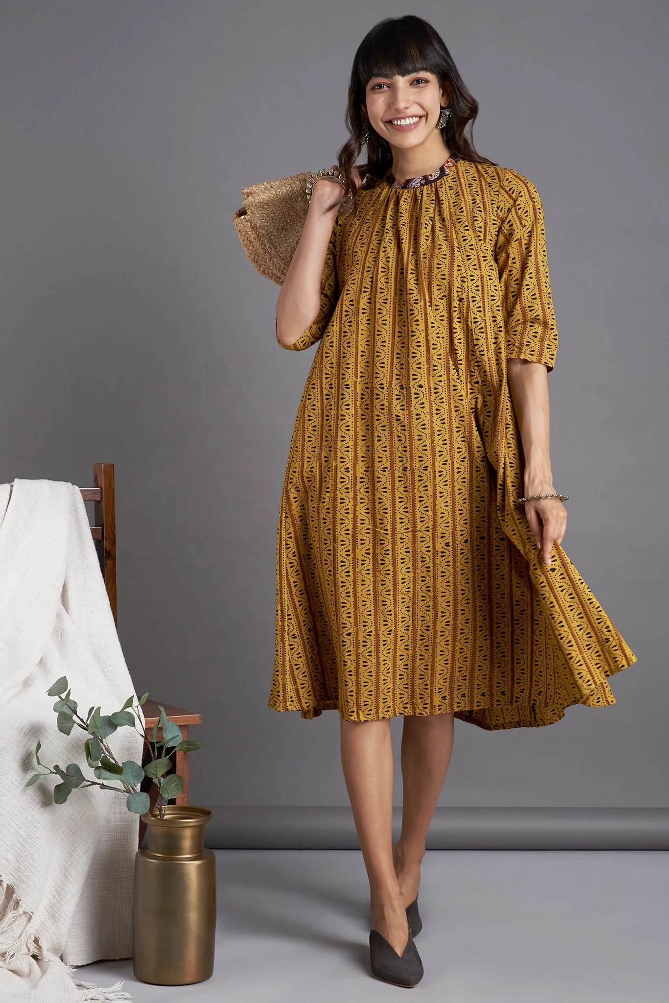 crew neck gather dress - ochre moss & musical cliff