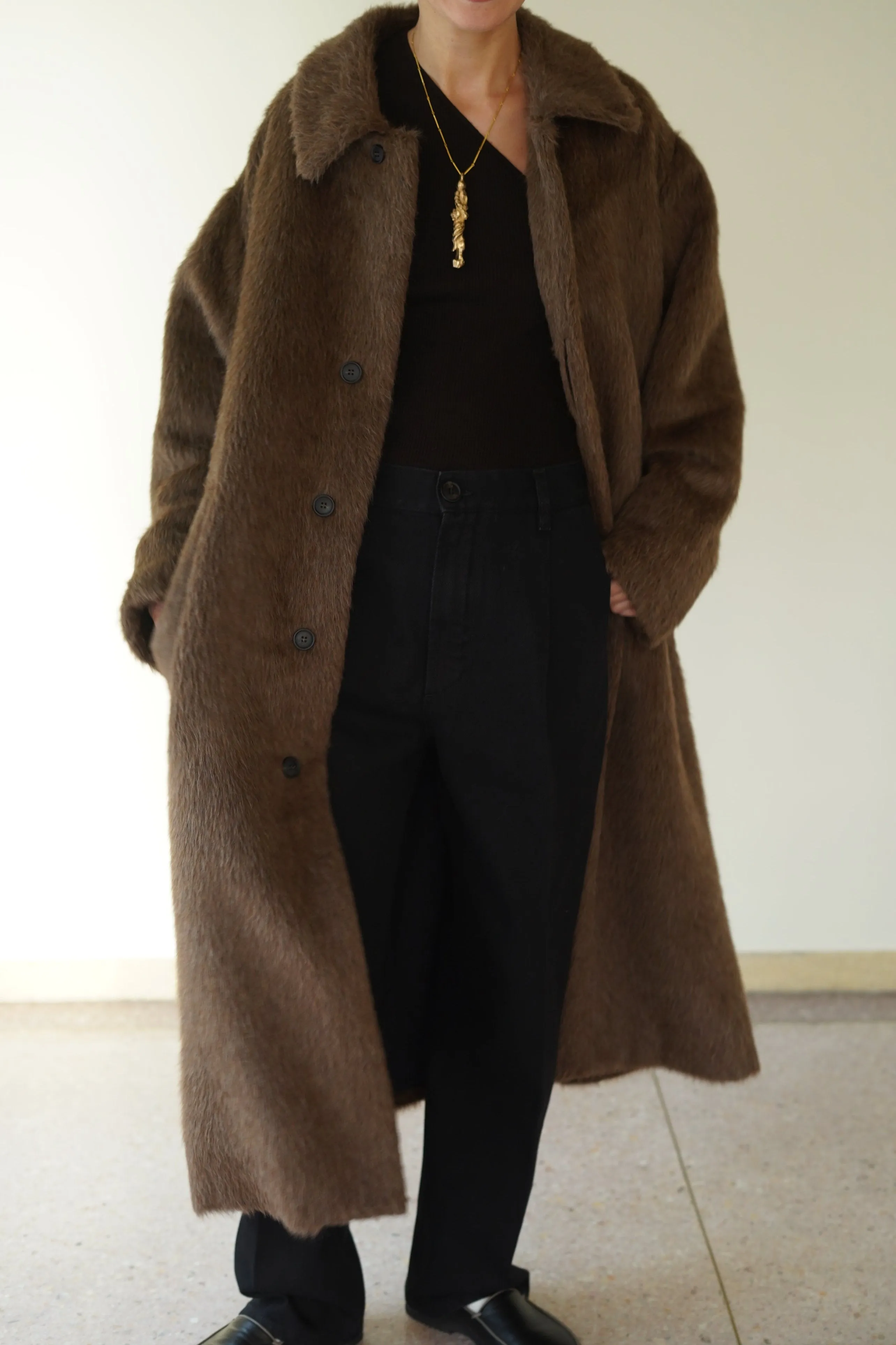 CRISTASEYA<br>ALPACA OVERSIZED COAT WITH LEATHER PATCH<br>in BRONW