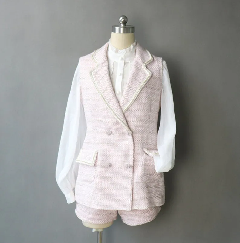 CUSTOM MADE Flower Petal Button Pink Vest Gilet Shorts/Trousers Suit