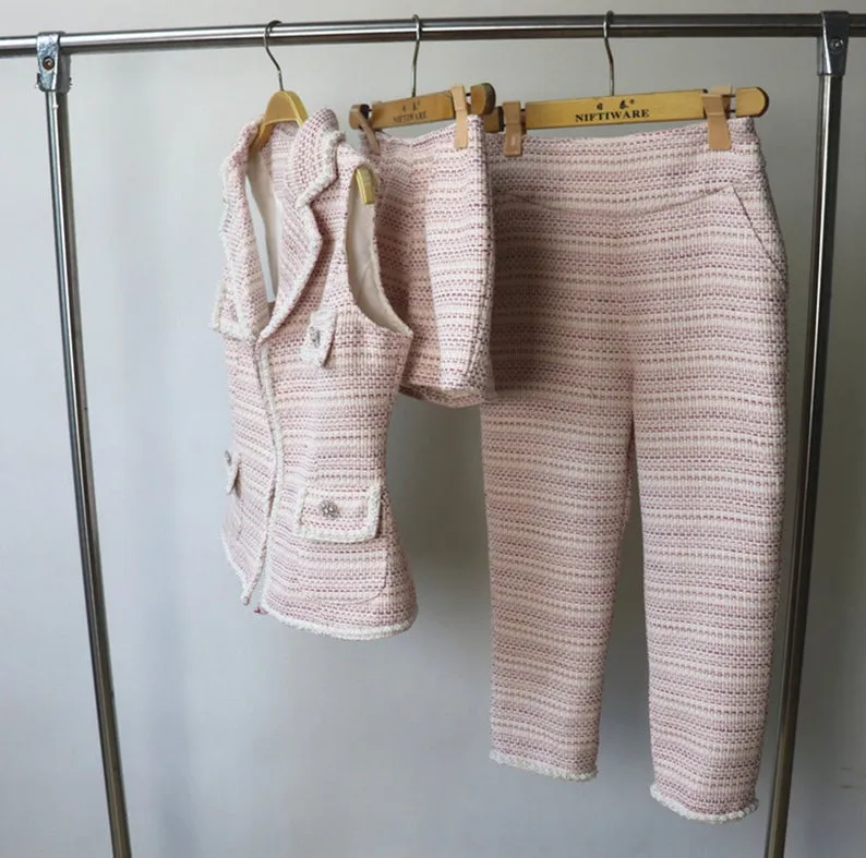 CUSTOM MADE Flower Petal Button Pink Vest Gilet Shorts/Trousers Suit