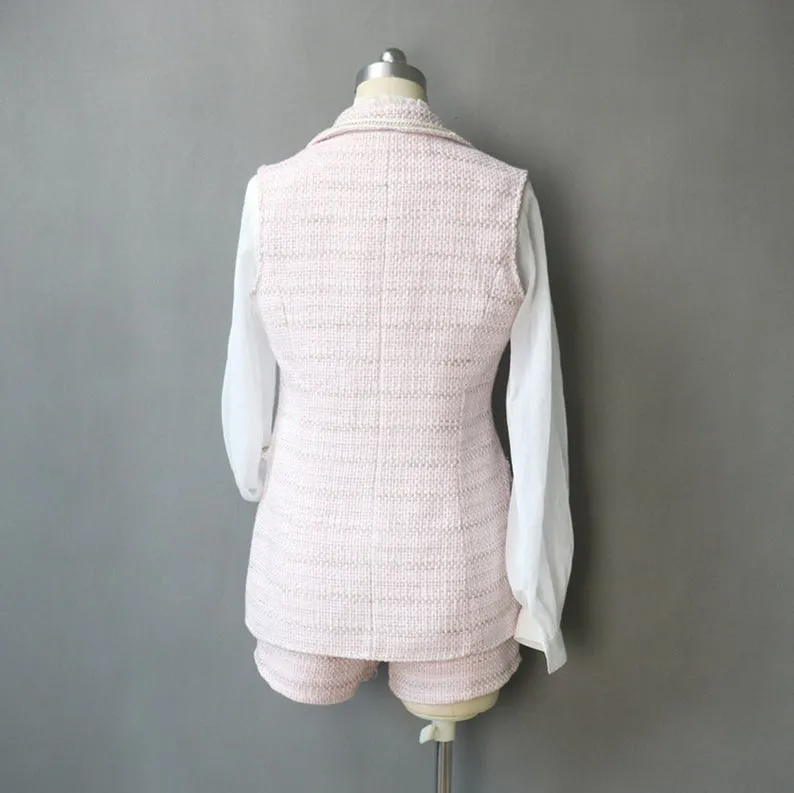 CUSTOM MADE Flower Petal Button Pink Vest Gilet Shorts/Trousers Suit