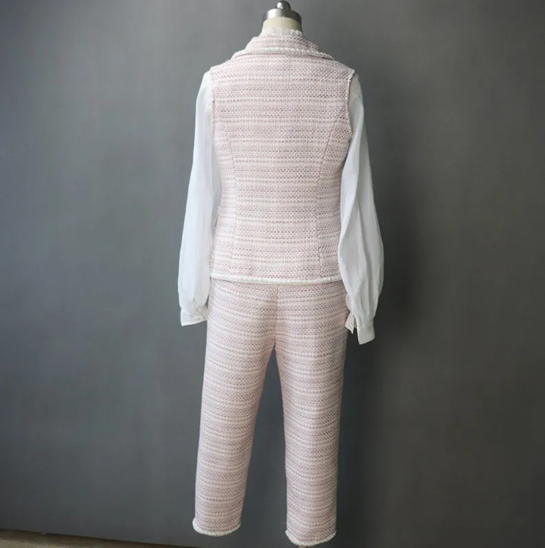 CUSTOM MADE Flower Petal Button Pink Vest Gilet Shorts/Trousers Suit