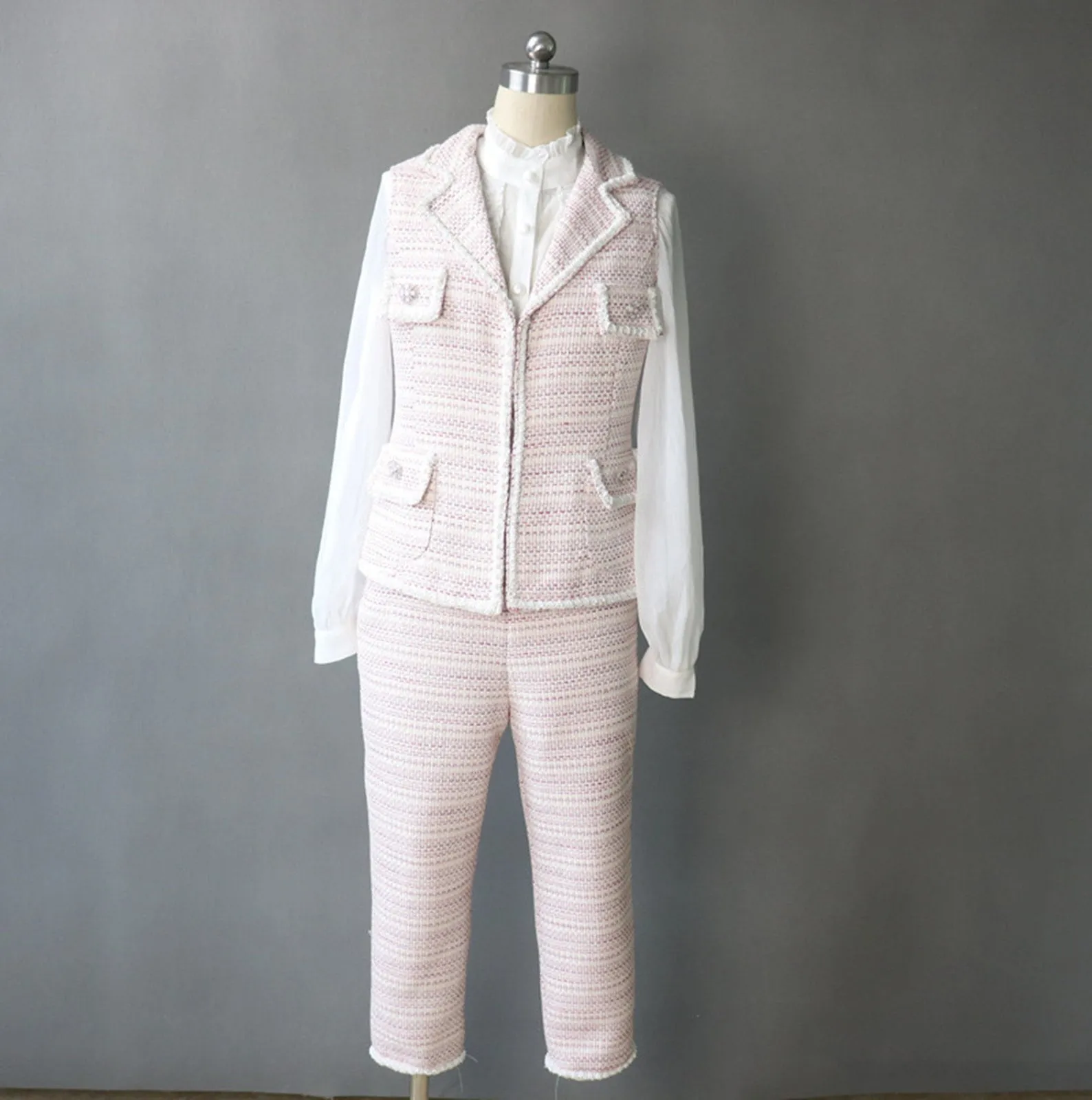 CUSTOM MADE Flower Petal Button Pink Vest Gilet Shorts/Trousers Suit