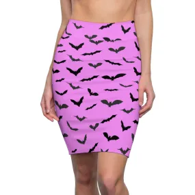 Cute Pink Bats Pencil Skirt, Black Cute Halloween Bats Women's Pencil Skirt- Made in USA (Size: XS-2XL)