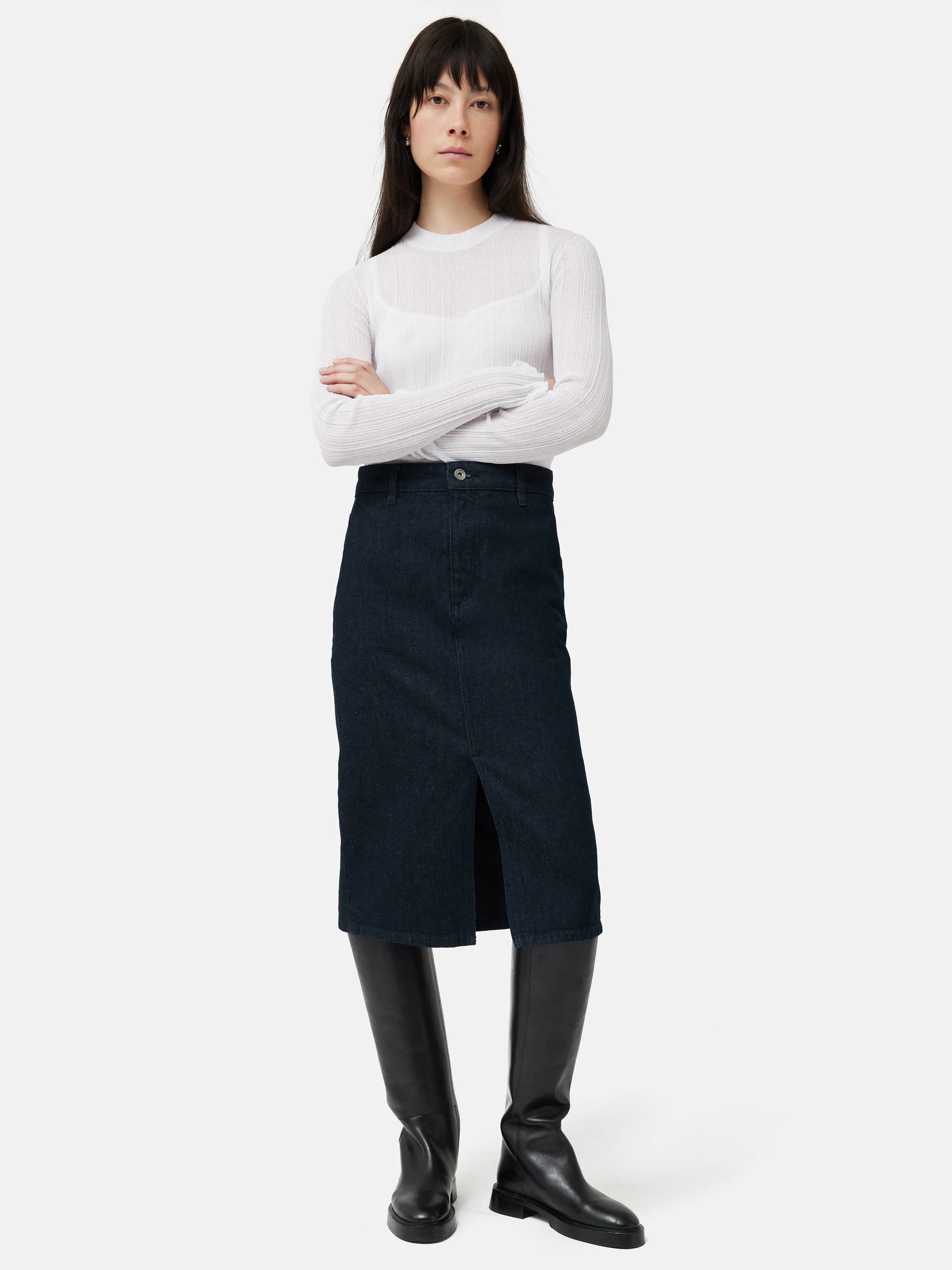 Denim Pencil Midi Skirt | Indigo