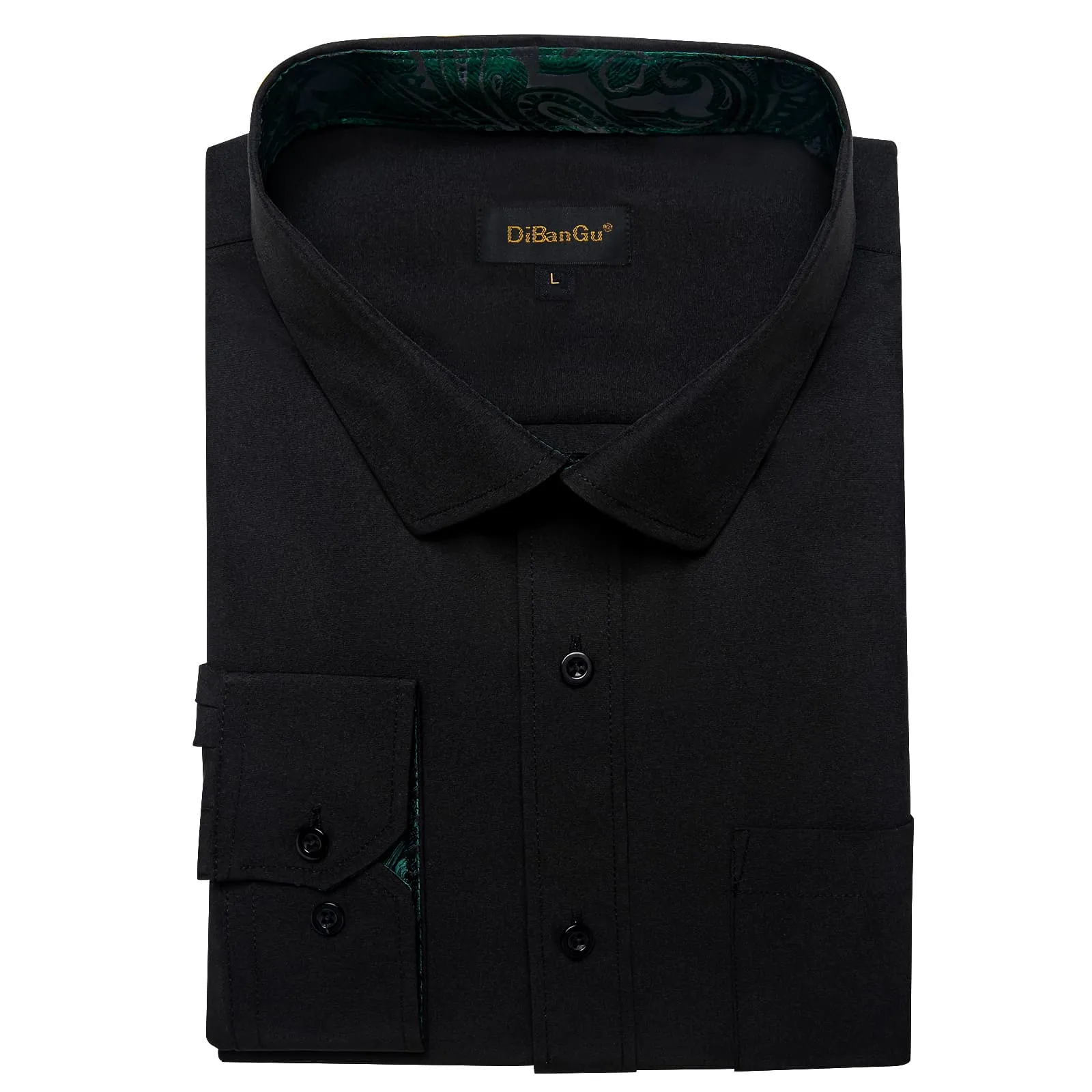 DiBanGu Black Solid Splicing Deep Green Paisley Silk Mens Long Sleeve Shirt