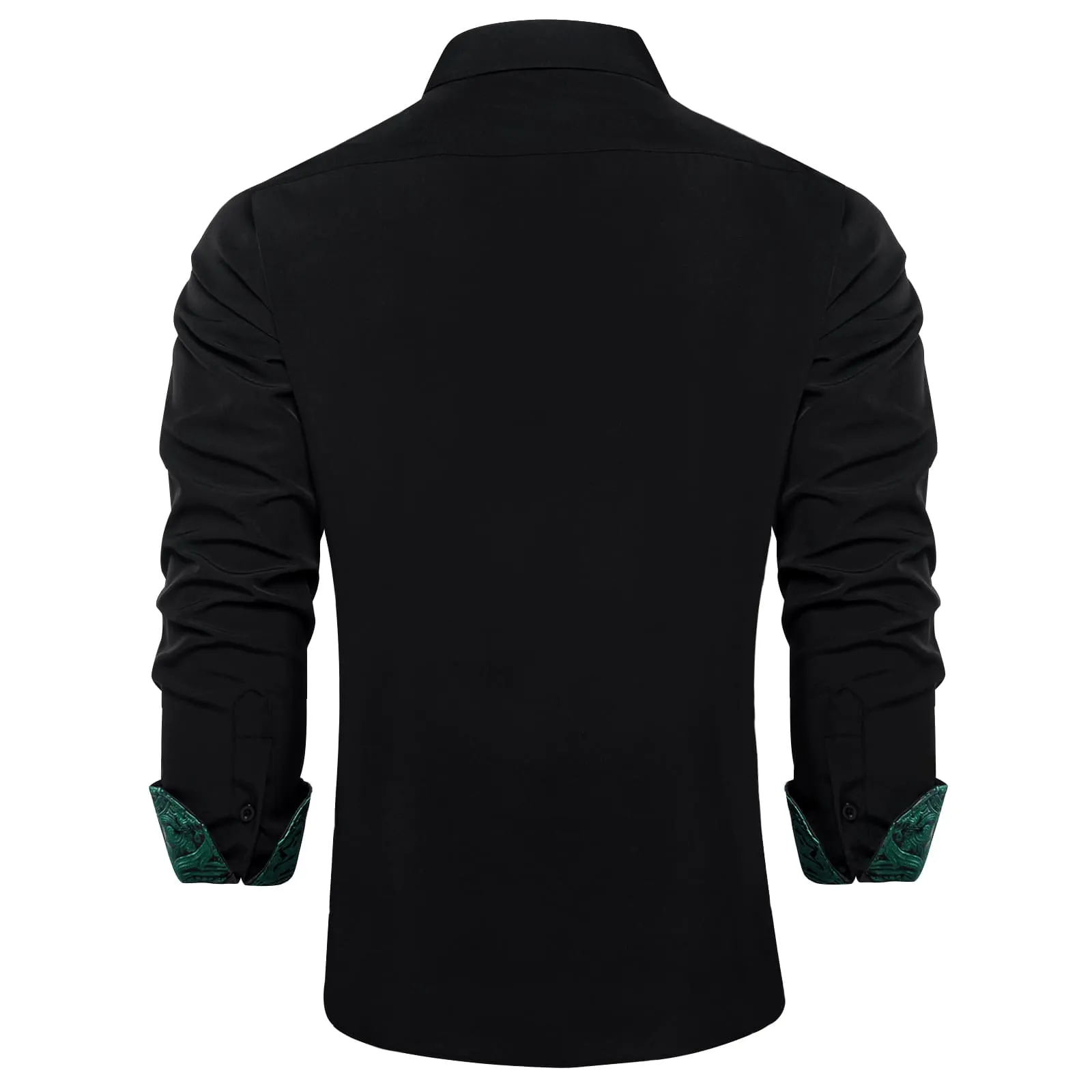 DiBanGu Black Solid Splicing Deep Green Paisley Silk Mens Long Sleeve Shirt