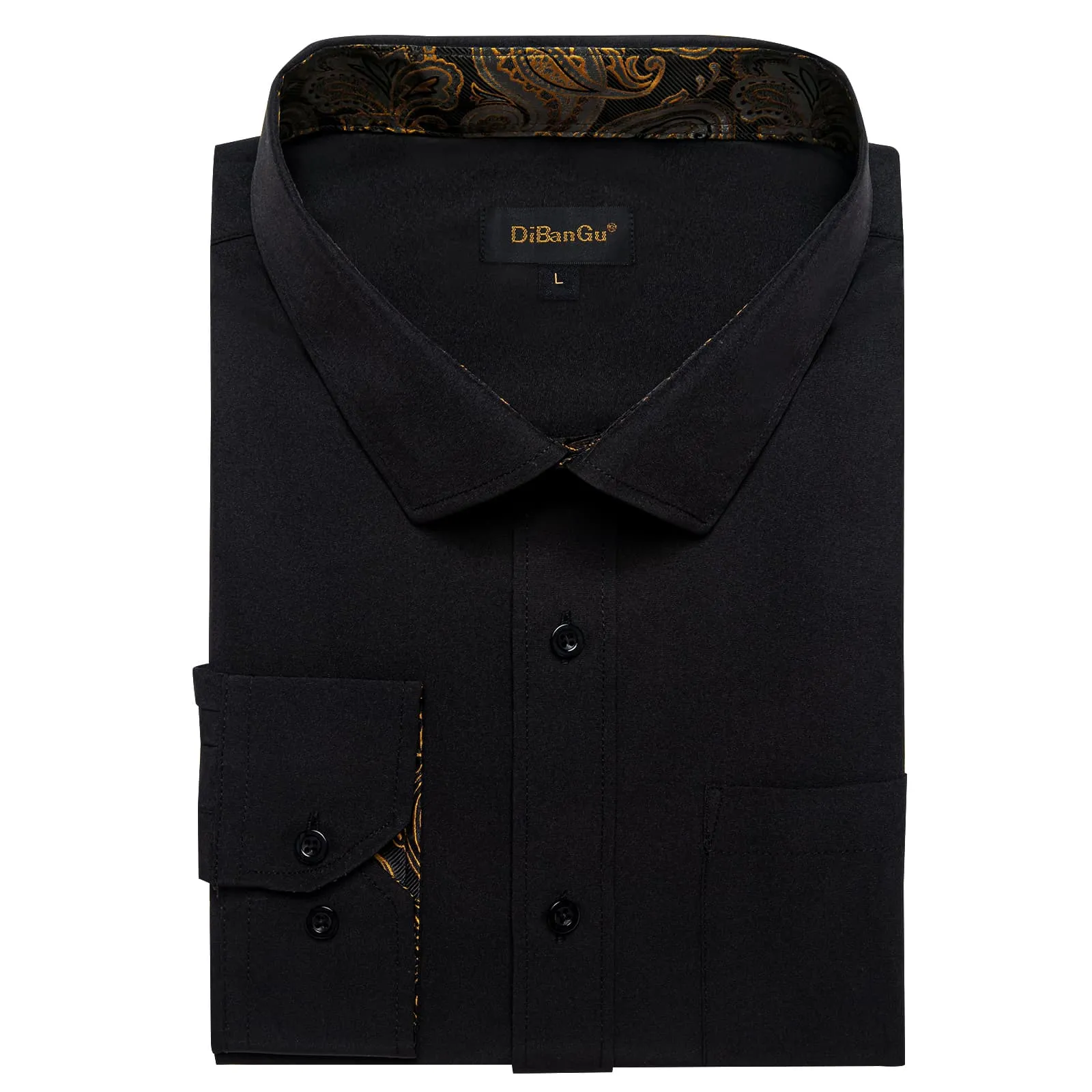 DiBanGu Black Solid Splicing Gold Paisley Silk Mens Long Sleeve Shirt