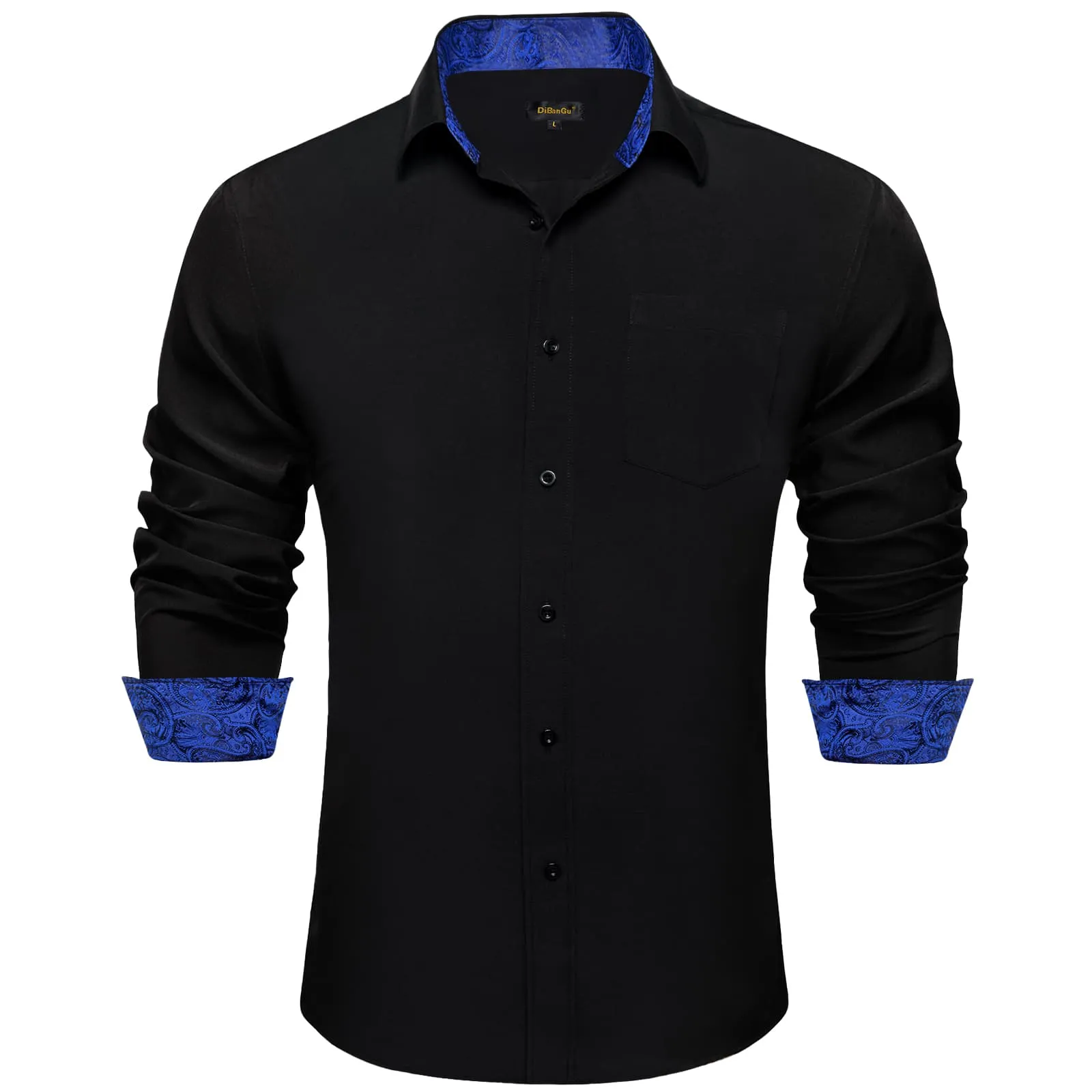 DiBanGu Black Solid Splicing Navy Paisley Silk Mens Long Sleeve Shirt