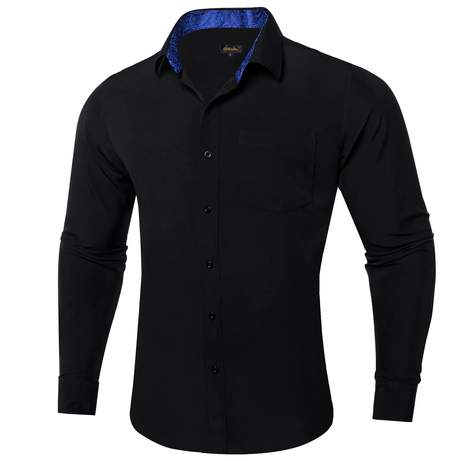 DiBanGu Black Solid Splicing Navy Paisley Silk Mens Long Sleeve Shirt