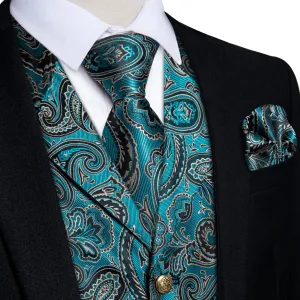 DiBanGu Notched Collar Vest Cyal Black Paisley V Neck Mens Vest Tie Handkerchief Cufflinks Set