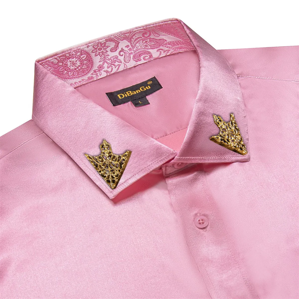 DiBanGu Tuxedo Shirt Light Thulian Pink Solid Satin Silk Button Up Long Sleeve Men's Dress Shirt