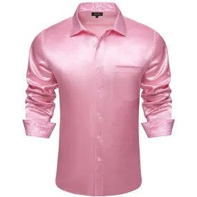 DiBanGu Tuxedo Shirt Light Thulian Pink Solid Satin Silk Button Up Long Sleeve Men's Dress Shirt